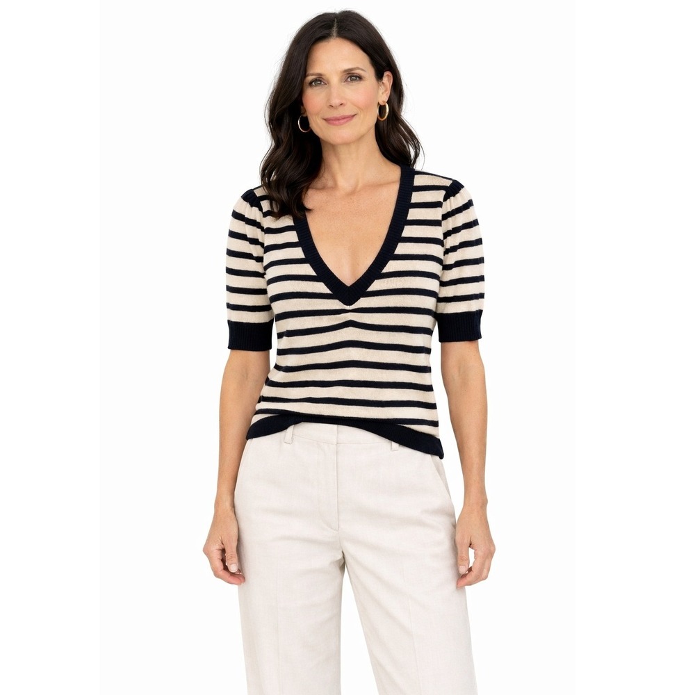 YaYa Aflalo Womens‎ Striped Cashmere Wool Blend V-Neck Knit Sweater Navy Cream S